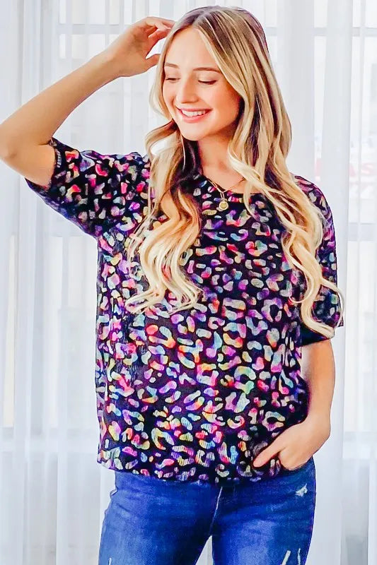 And The Why Leopard Foil Half Sleeve Sweater in Hologram