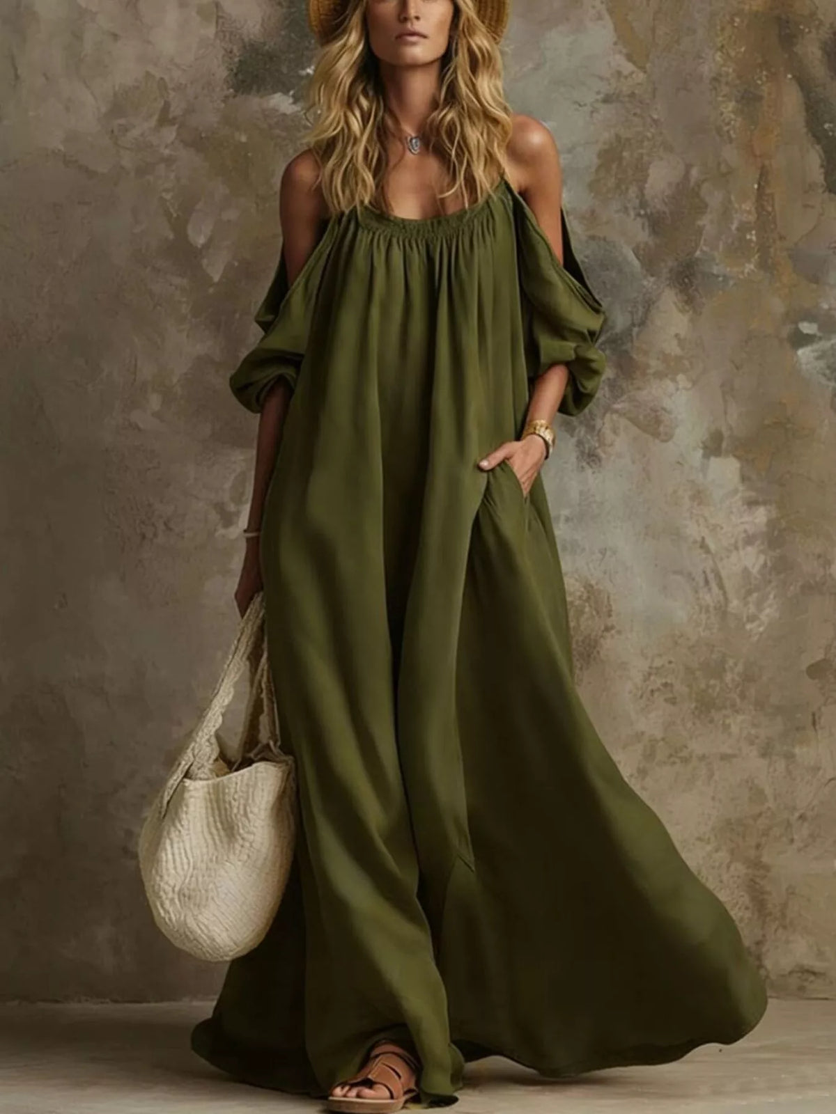 Cold-Shoulder Pocketed Maxi Dress