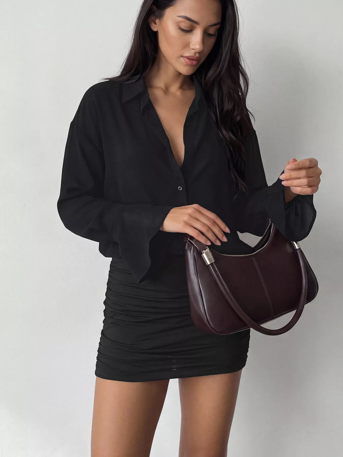 Button-Front Flounce-Sleeve Shirt Dress in Black
