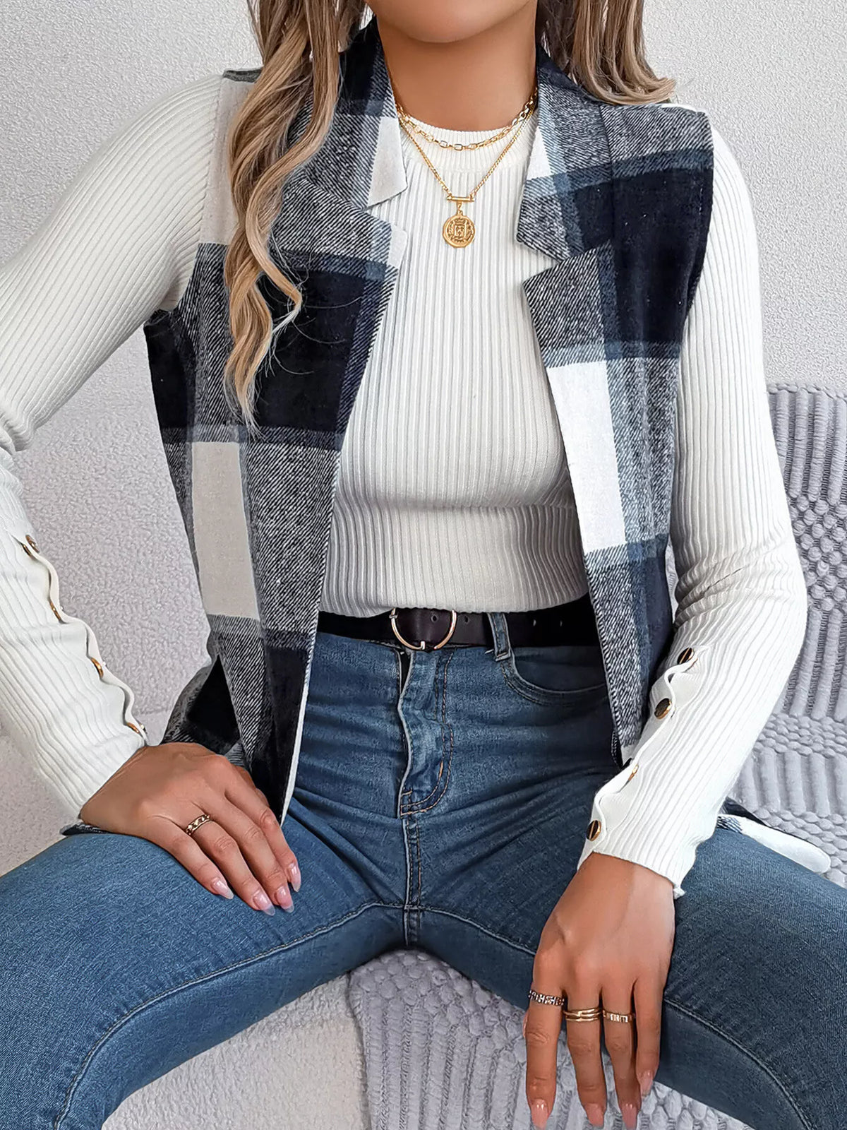 Plaid Open-Front Vest by Clise