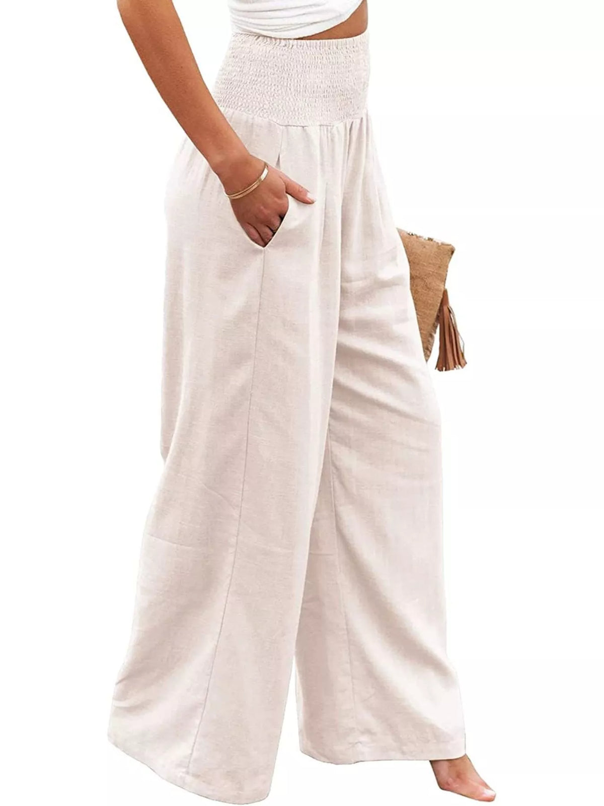 Smocked High-Waisted Wide Leg Pants