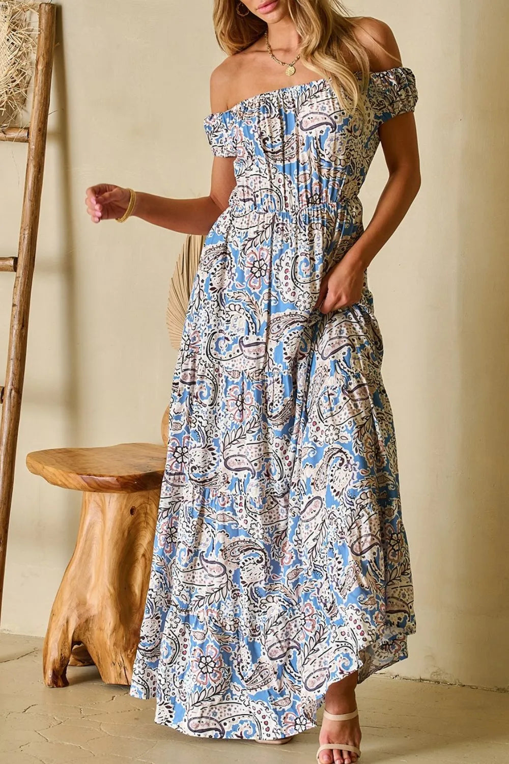 Paisley Print Off Shoulder Maxi Dress in Dusty Blue
