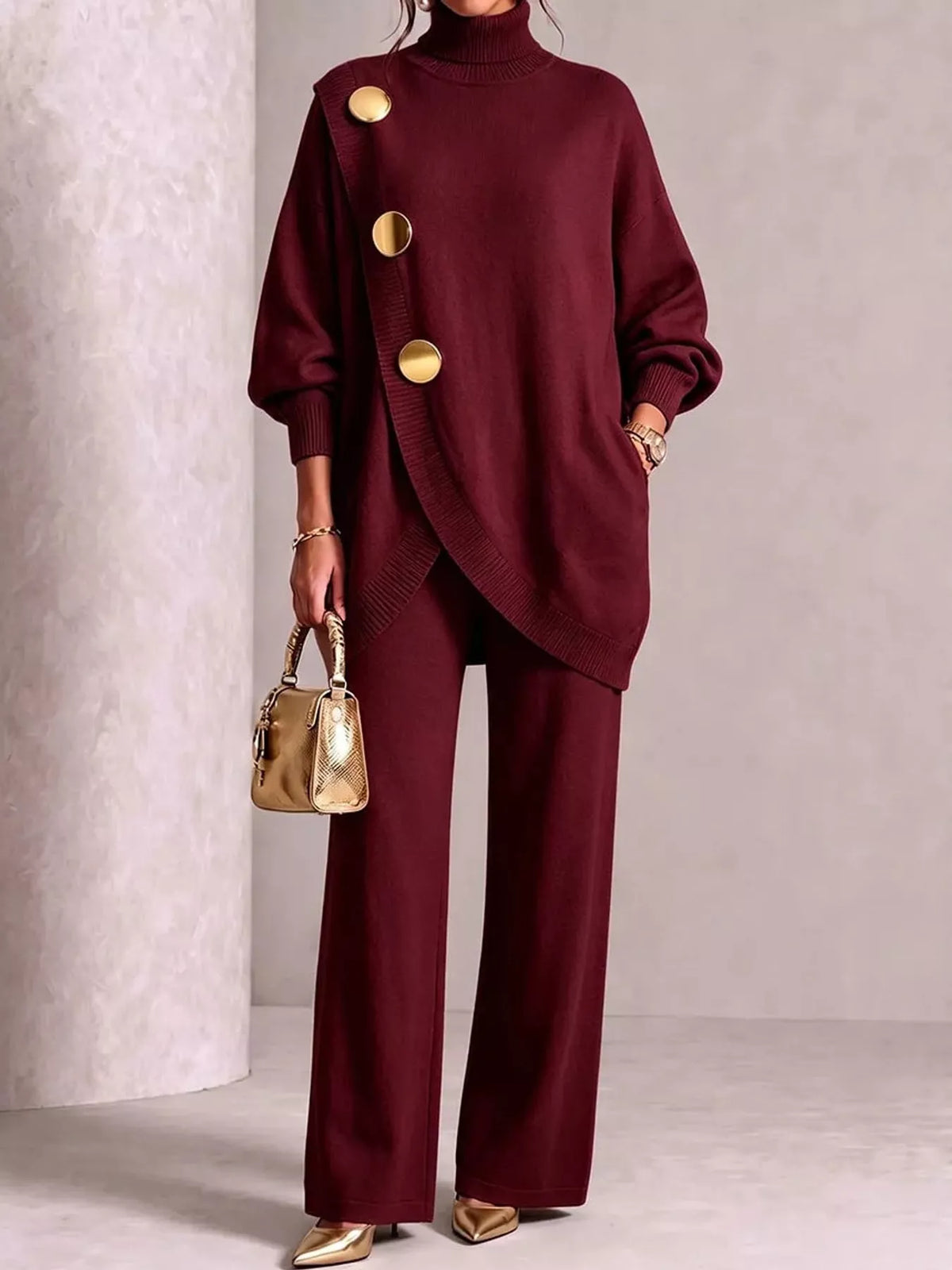 Ribbed Turtleneck Top and Pants Sweater Set