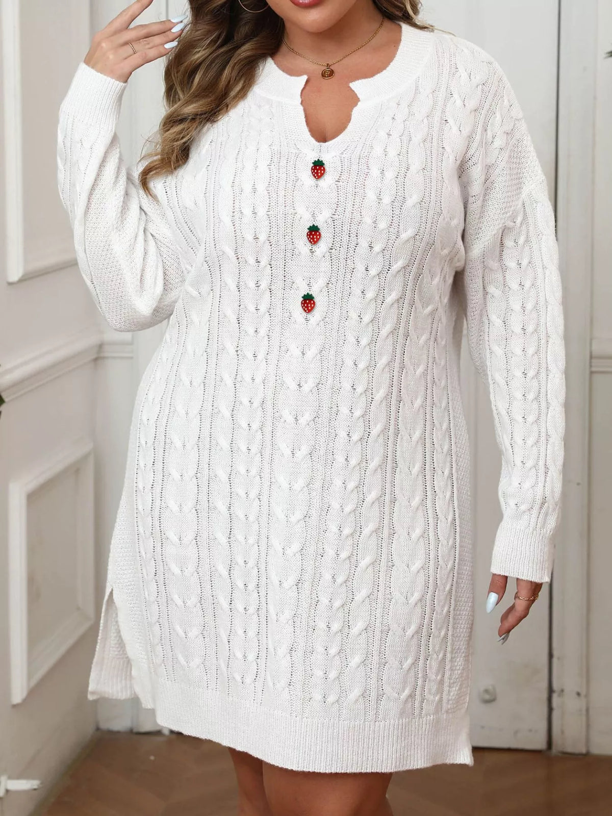 Cable Knit Sweater Dress with Button Detail