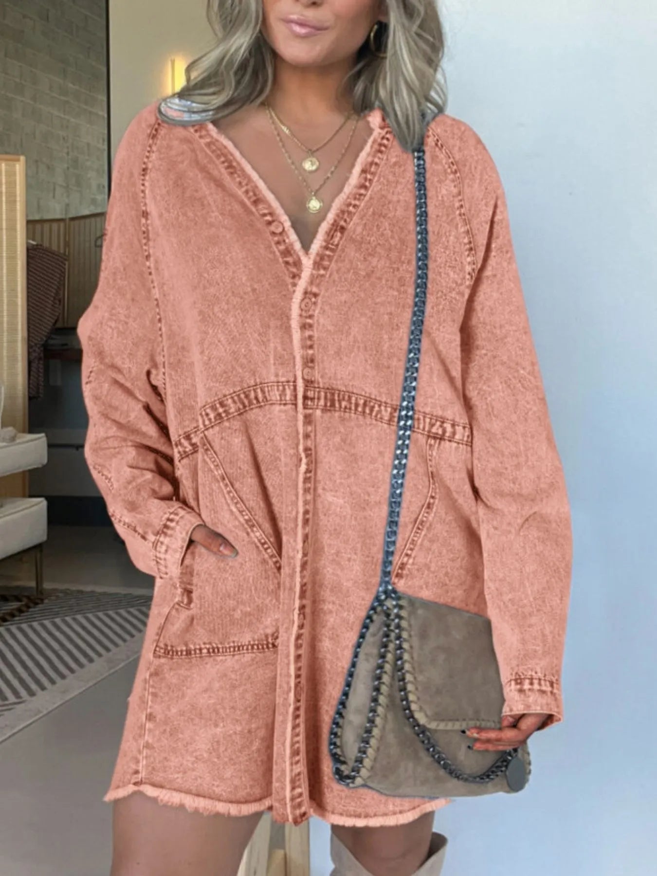 Oversized Button-Front Denim Shirt Dress
