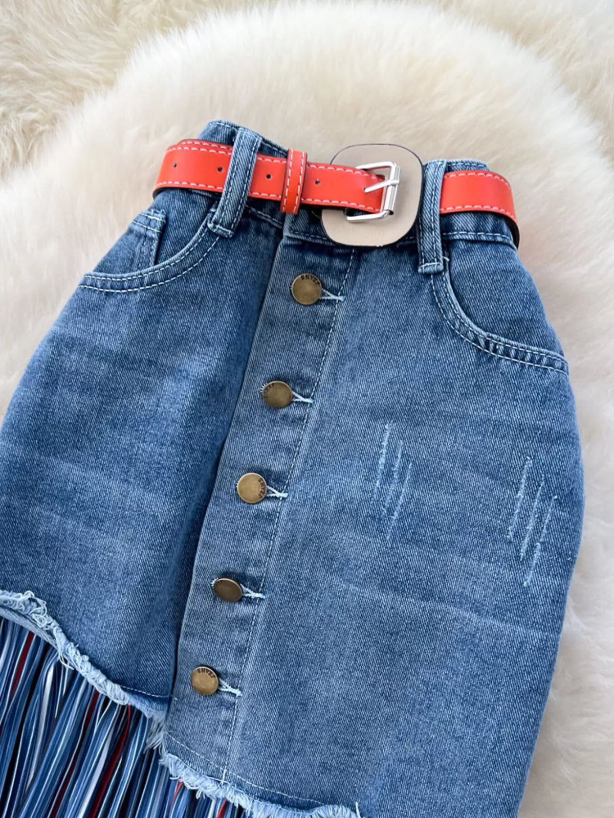 Striped Patchwork Denim Skirt in Blue