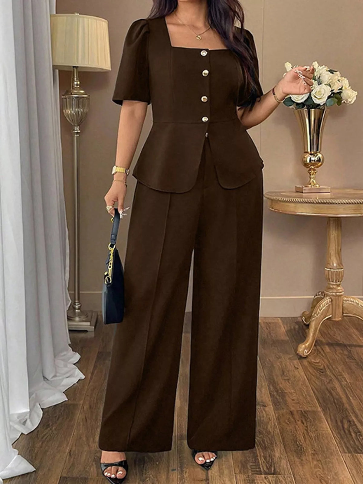 Peplum Top and Wide-Leg Pants Two-Piece Set
