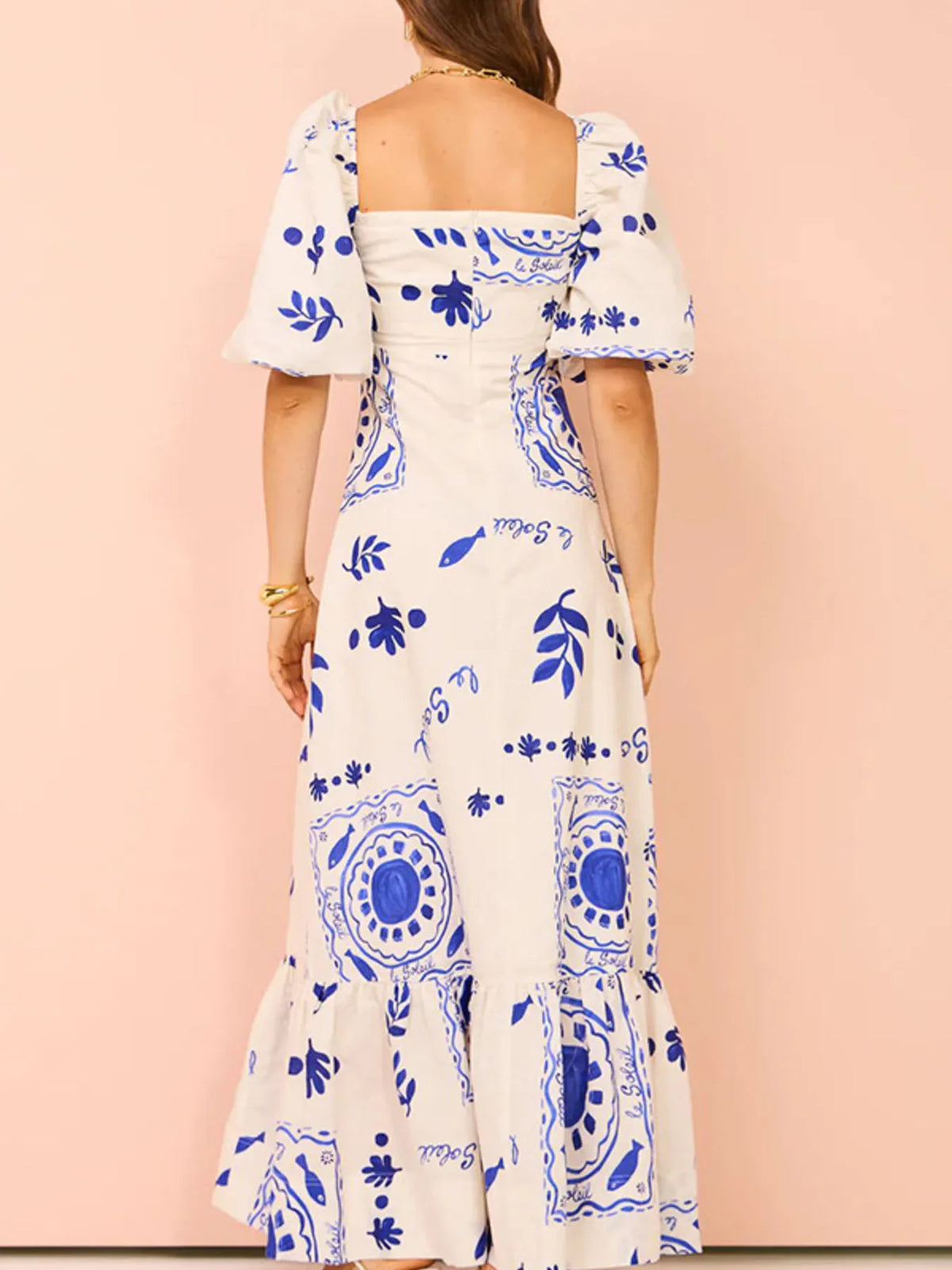 Floral Square-Neck Puff-Sleeve Maxi Dress in Blue