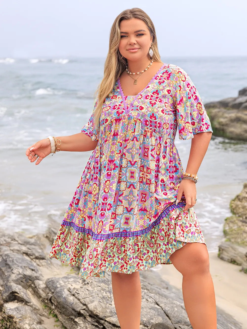 Lace Detail Printed Half Sleeve Dress in Heliotrope Purple