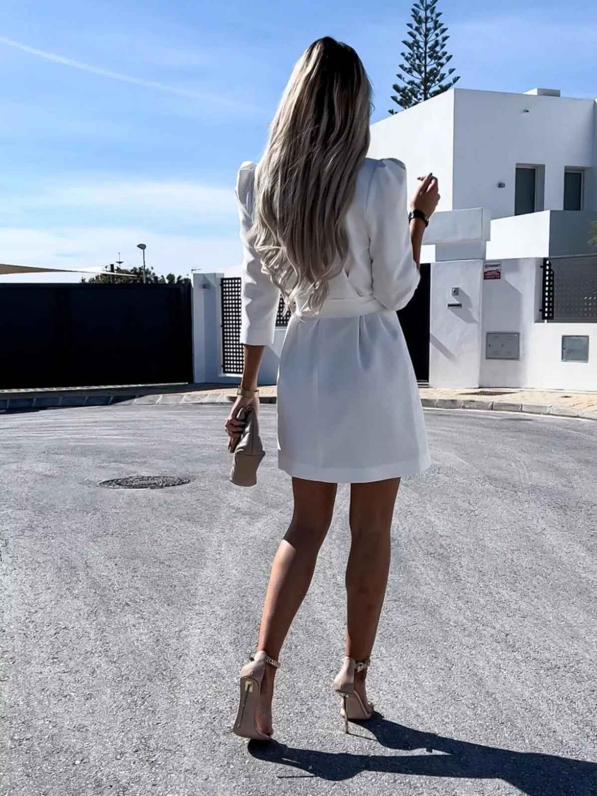 3/4-Sleeve Belted Blazer Dress