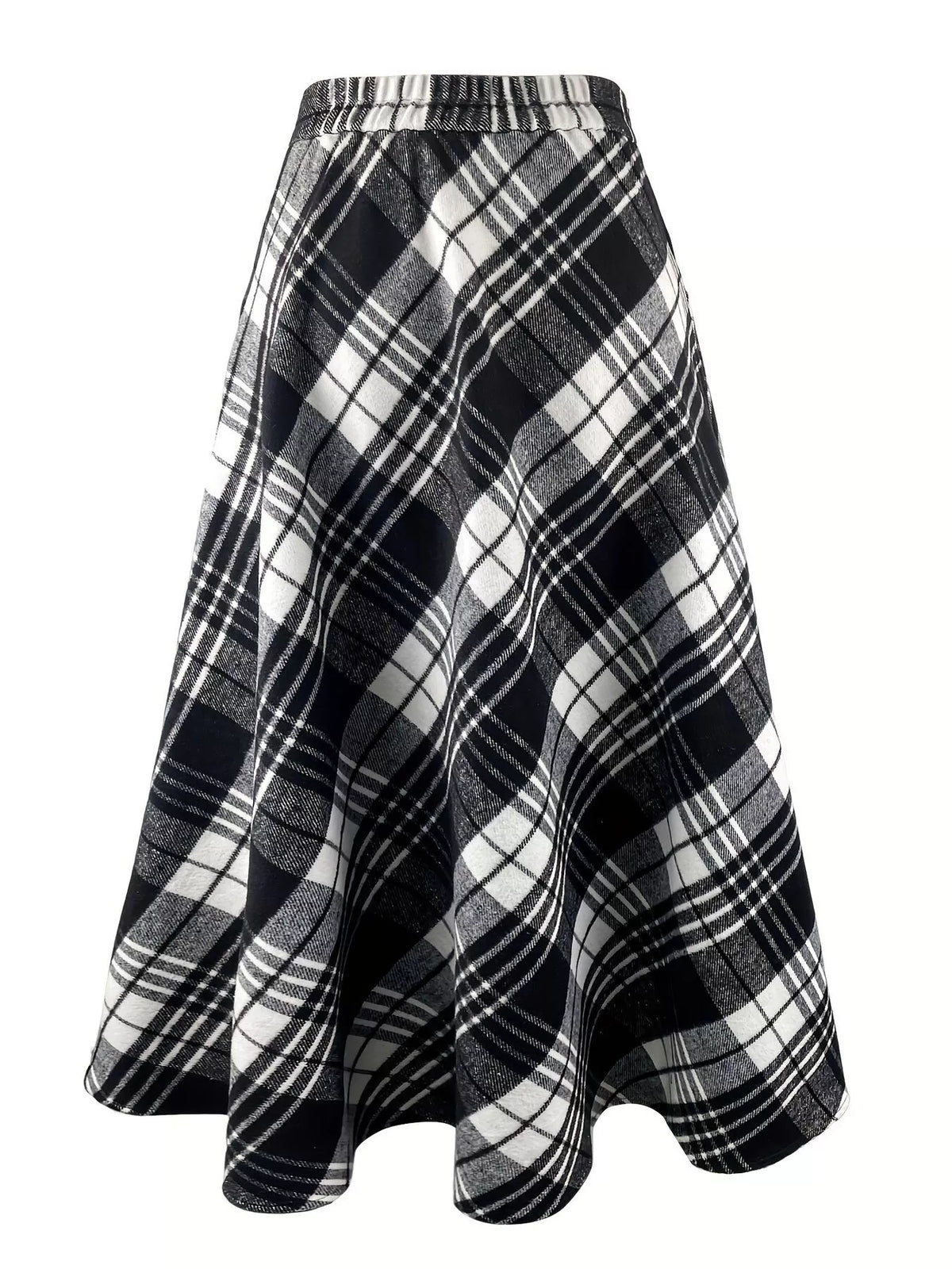 Plaid A-Line Midi Skirt with Pockets in Black