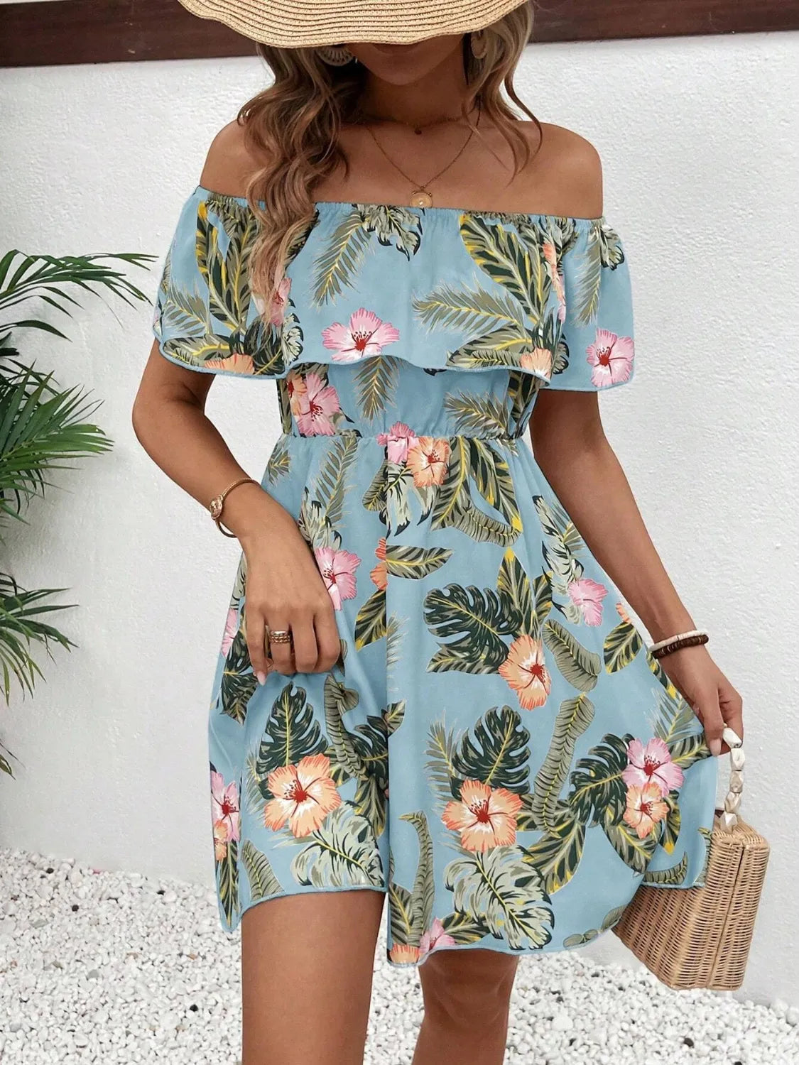 Printed Off-Shoulder Ruffle Mini Dress in Light Blue
