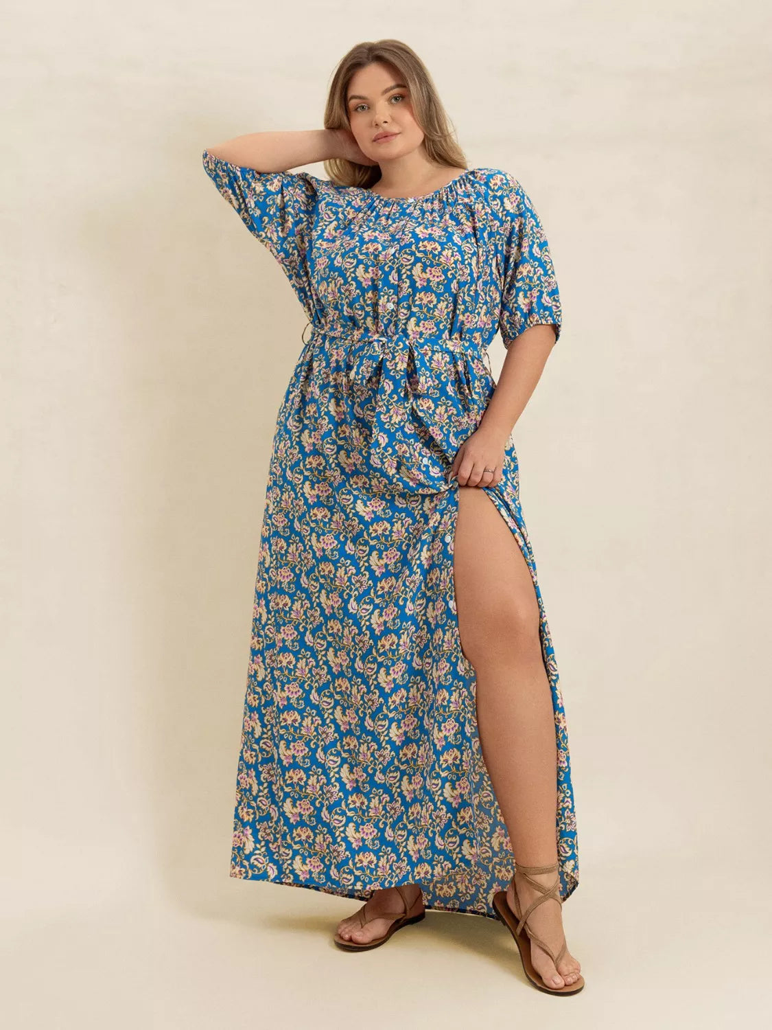 Plus Size Floral Maxi Dress with Side Slit in Blue