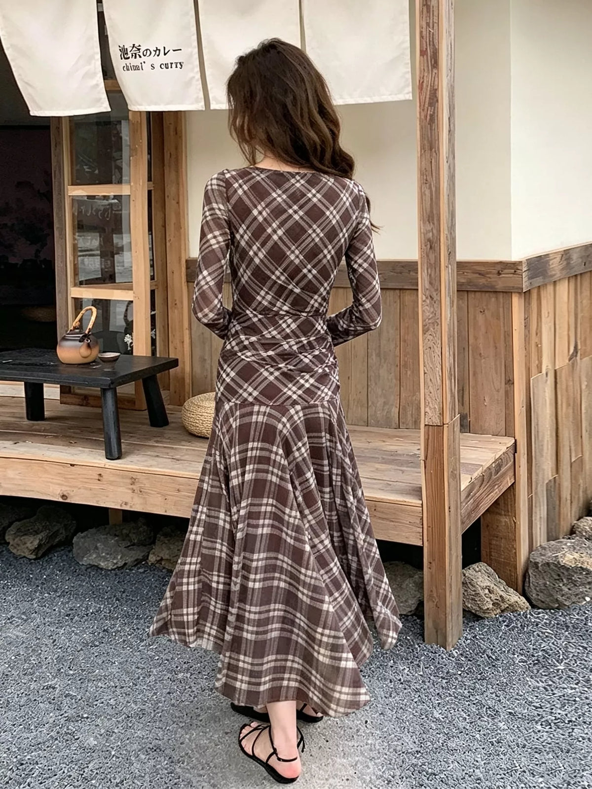 Plaid Slim-Fit Maxi Dress in Brown