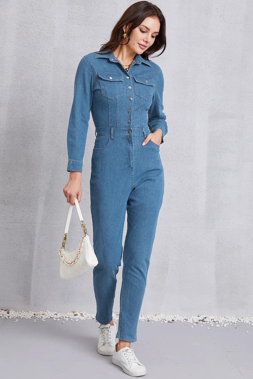 Snap-Down Denim Jumpsuit in Medium Wash by DE.C.H & K.M