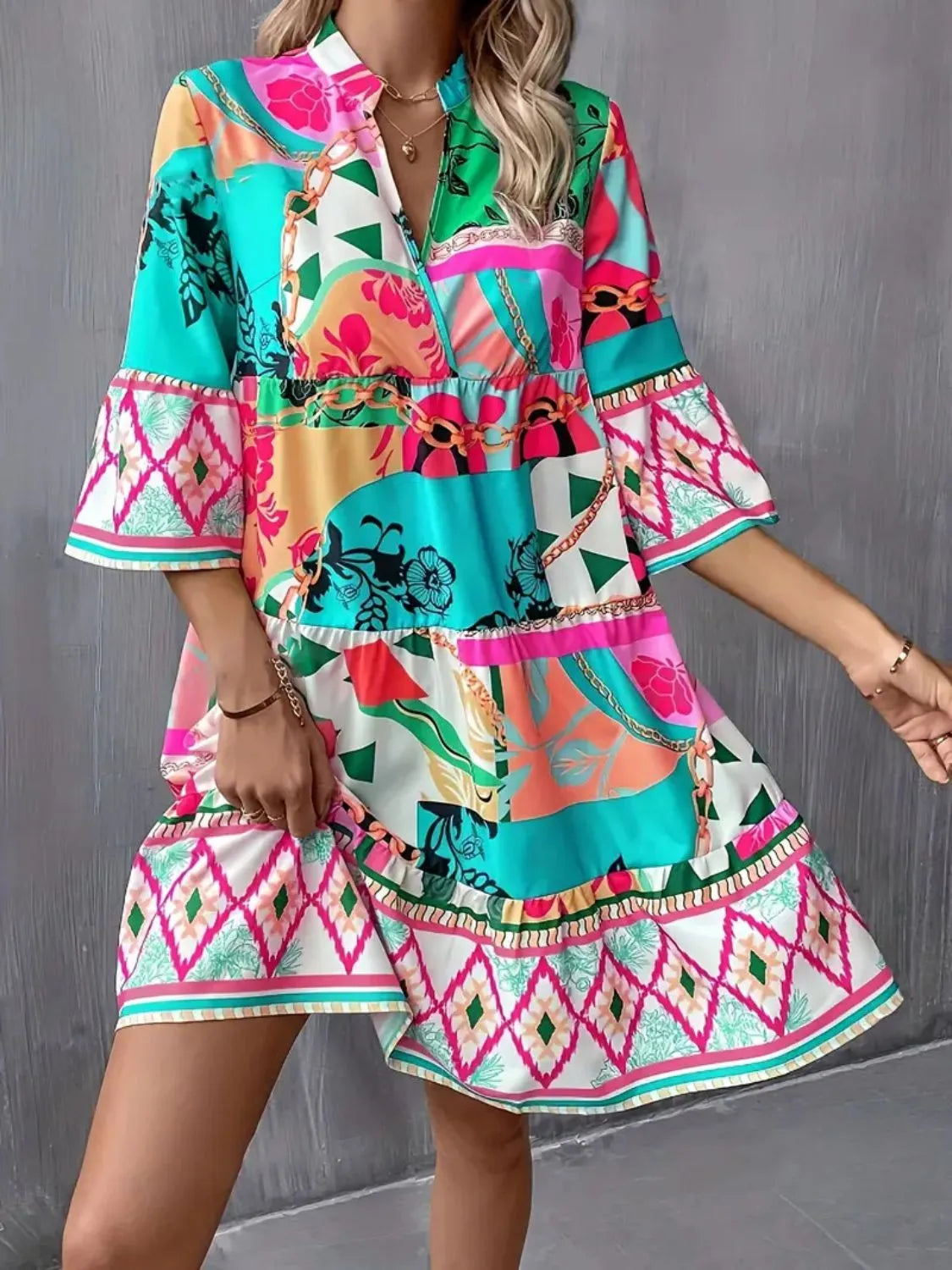 Printed Notched 3/4 Sleeve Tiered Dress in Royal Blue