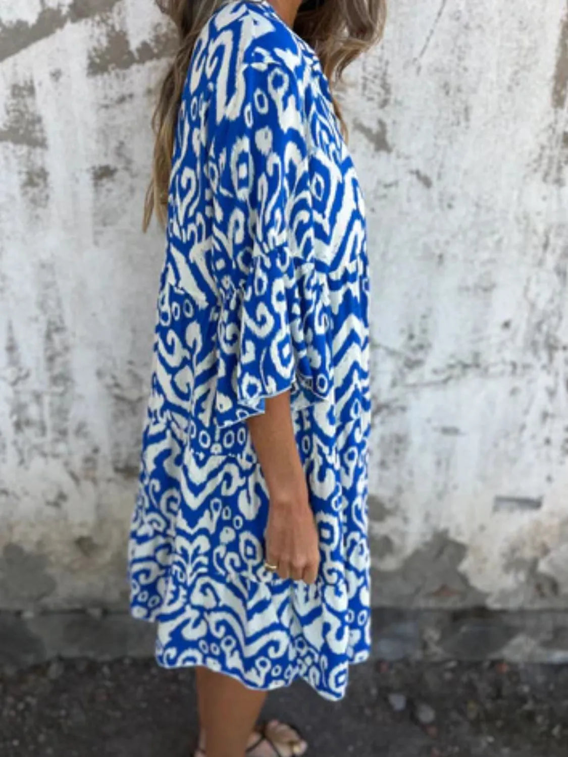 Notched Half Sleeve Printed Plus Size Dress
