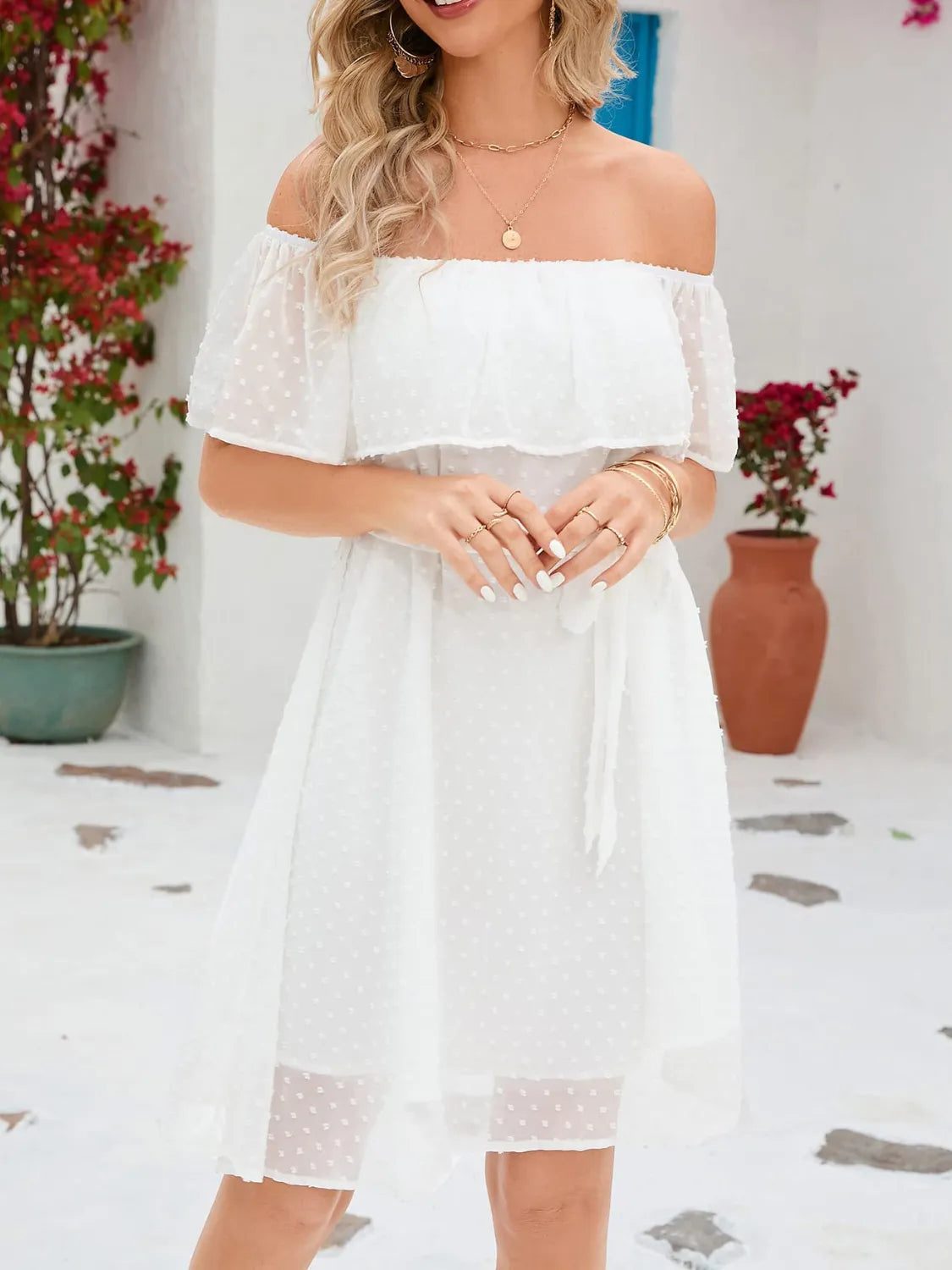 Belted Off-Shoulder Mini Dress in White