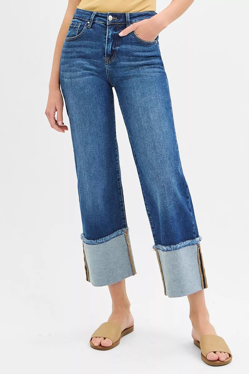 Risen Raw Hem Mid Rise Wide Crop Jeans in Dark Wash