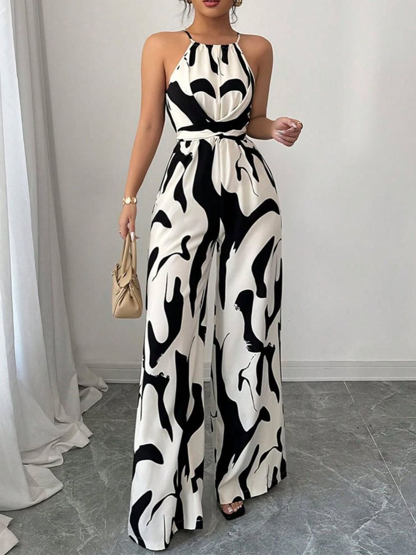 Abstract Print Wide-Leg Jumpsuit in Black