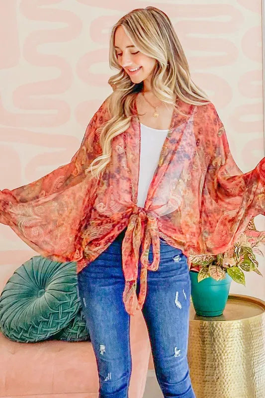 And The Why Front Tie Knot Oversized Print Top in Rust