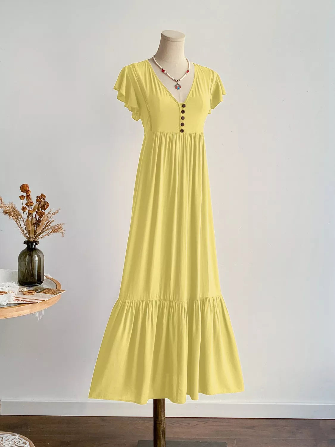 Flutter Sleeve Button-Front Maxi Dress in Yellow