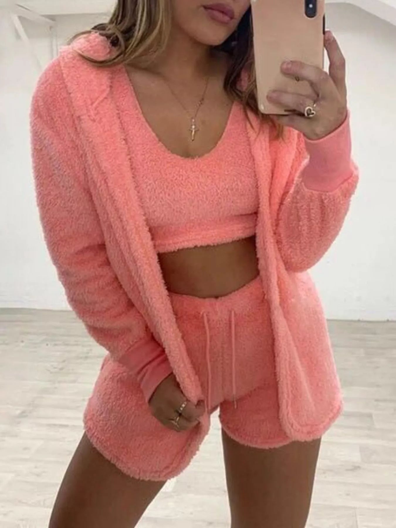 Fuzzy Tank, Cardigan & Shorts Three-Piece Set