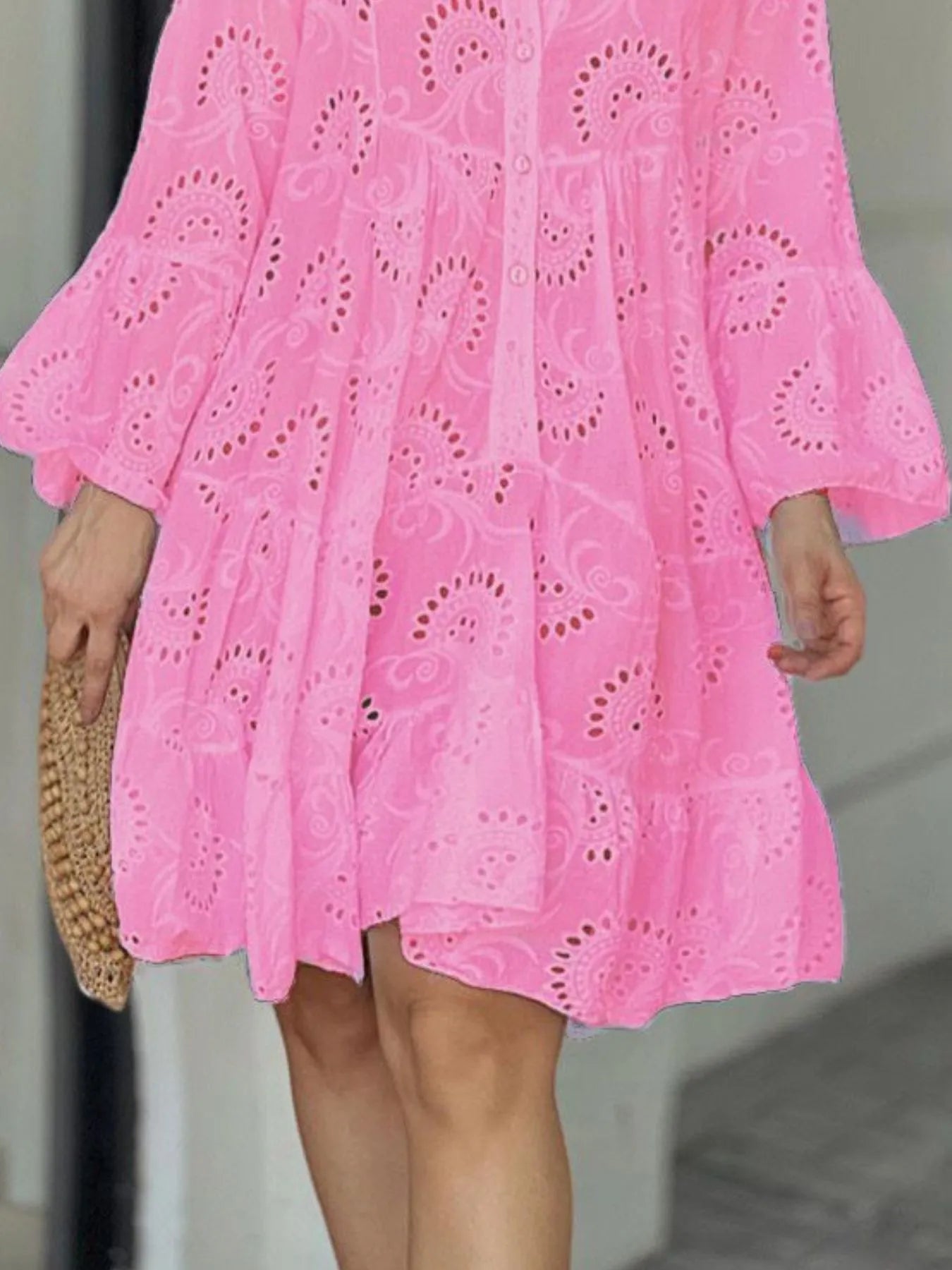Eyelet V-Neck Tiered Ruffle Dress
