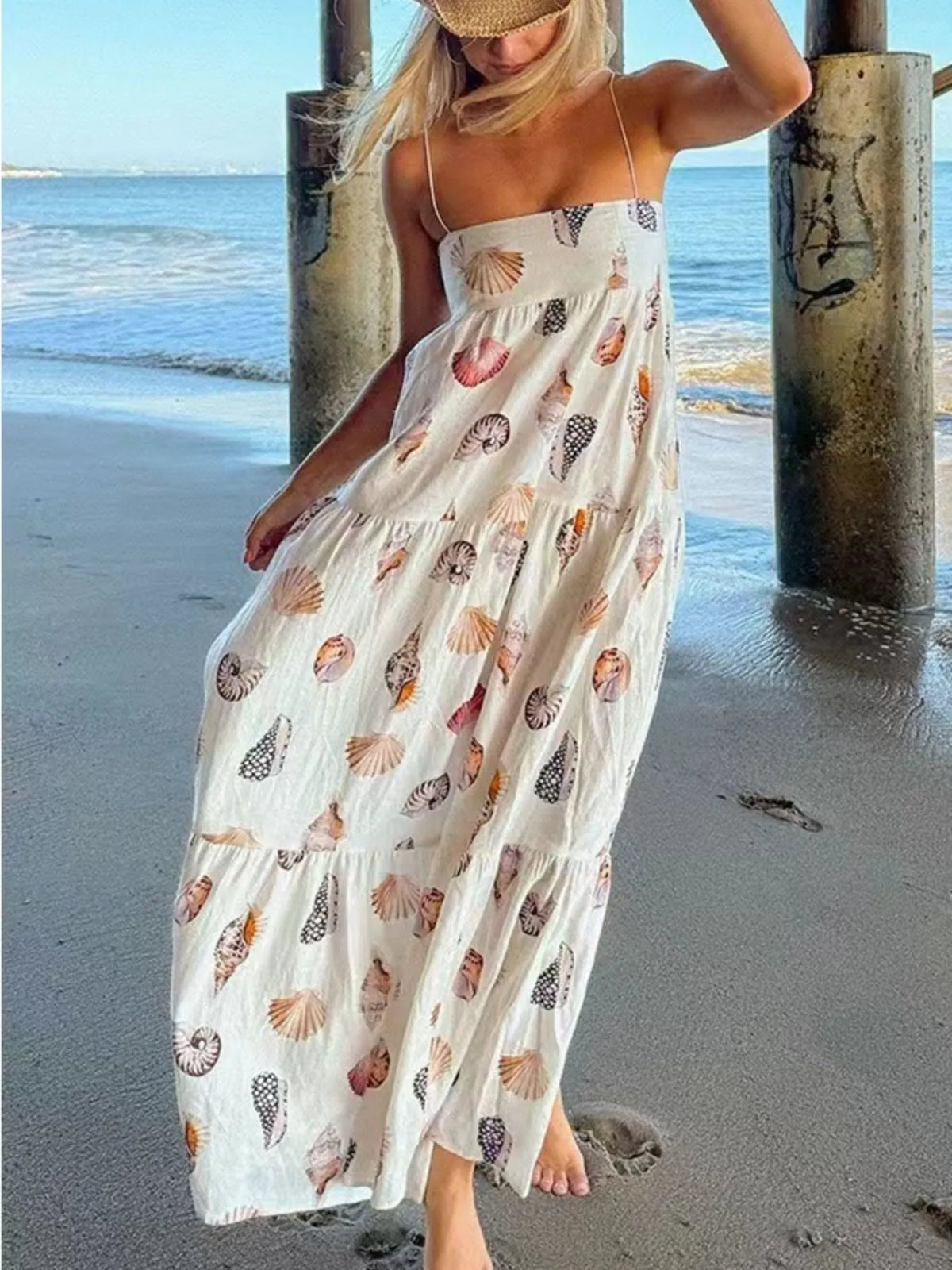 Printed Square Neck Cami Maxi Dress in White