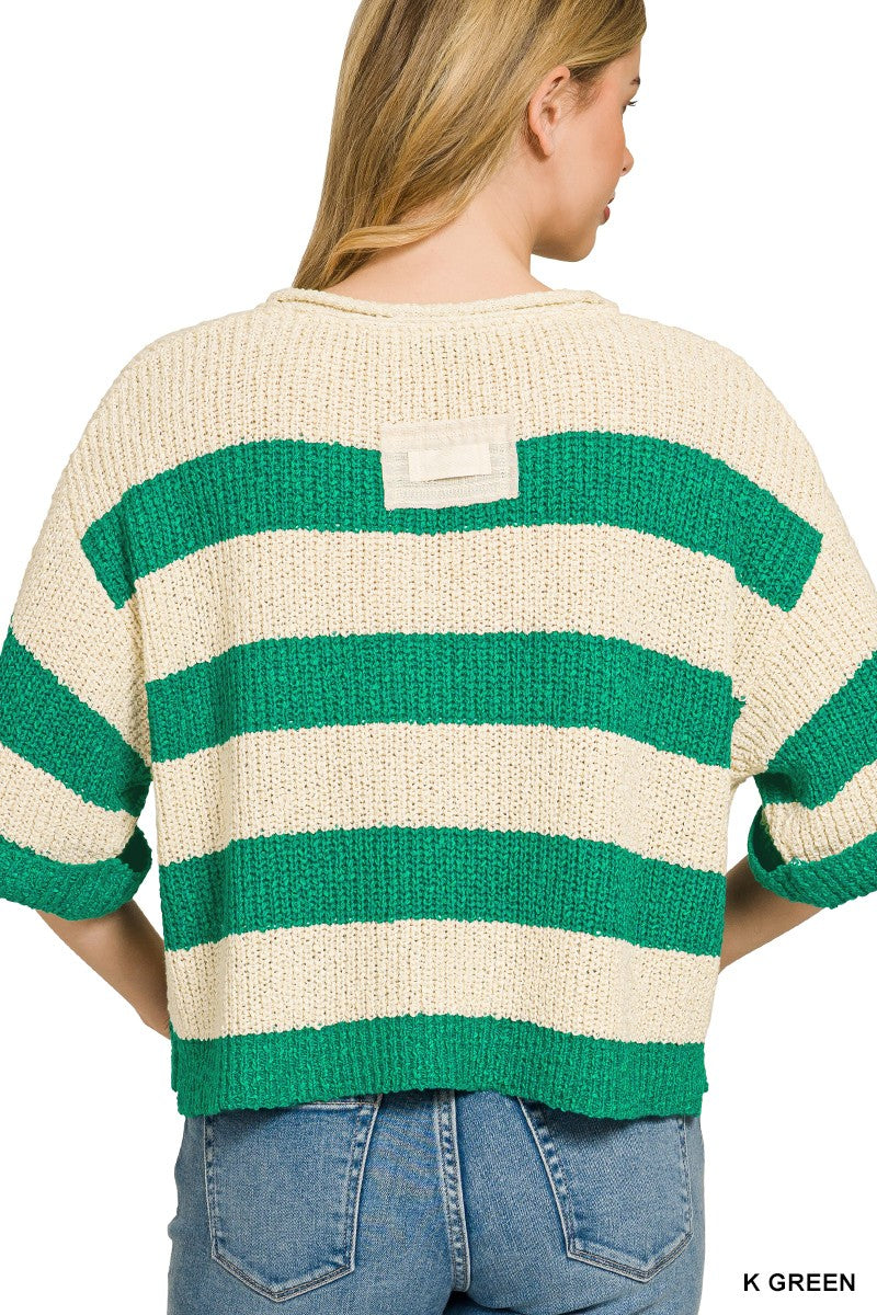 Zenana Split Neck Striped Sweater in K Green