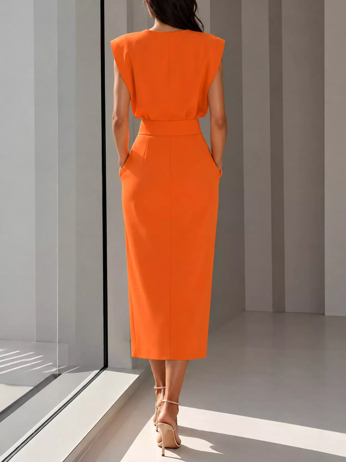Sleeveless Midi Dress with Gold Button Detail