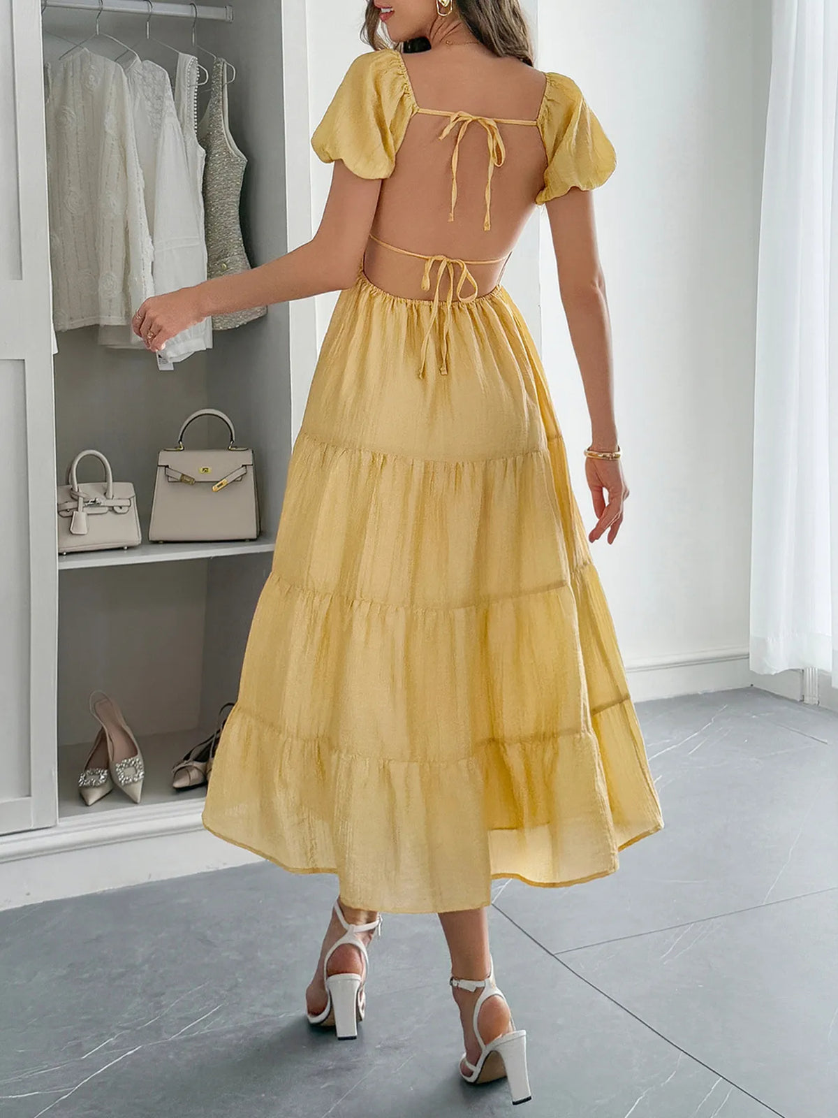 Backless V-Neck Midi Dress in Yellow