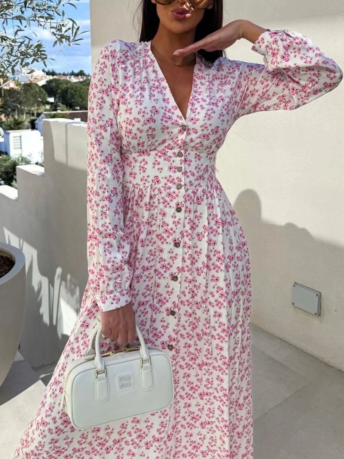 Floral V-Neck Button-Front Dress