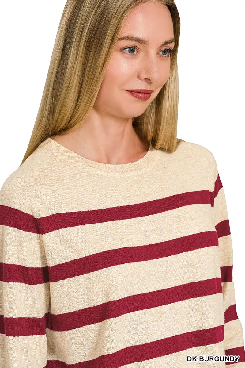 Zenana Striped Round Neck Sweater in Dark Burgundy in Dk burgundy