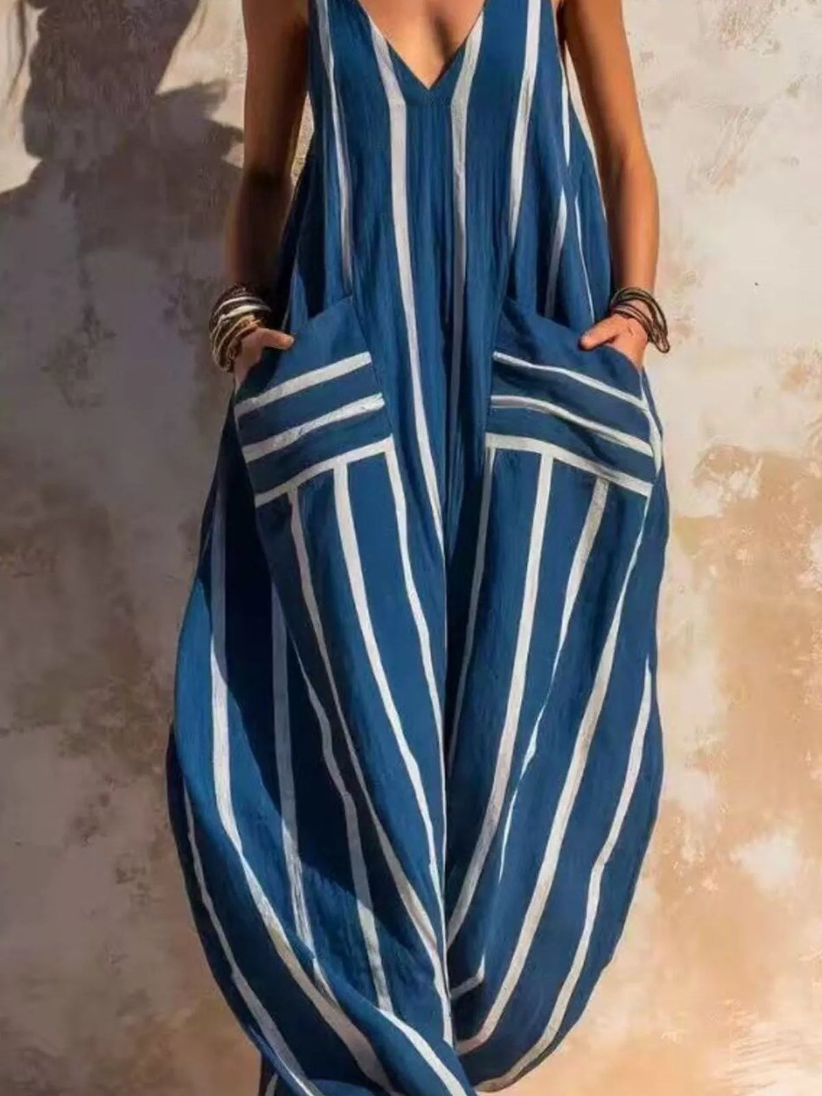 Striped V-Neck Sleeveless Wide-Leg Jumpsuit