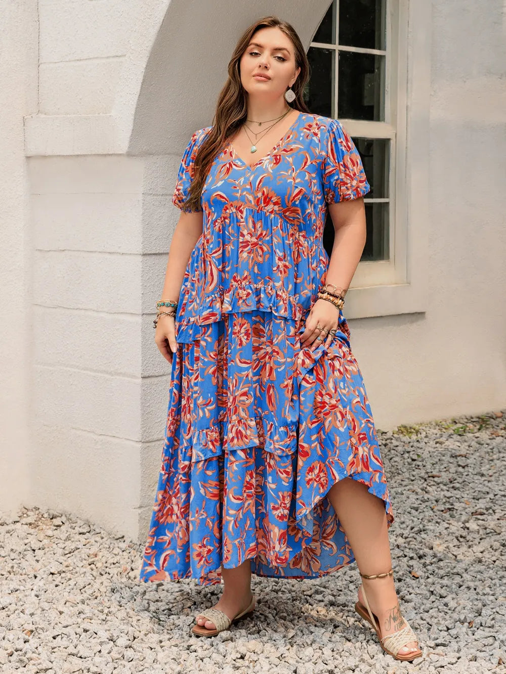 Ruffled Print V-Neck Maxi Dress in Blue