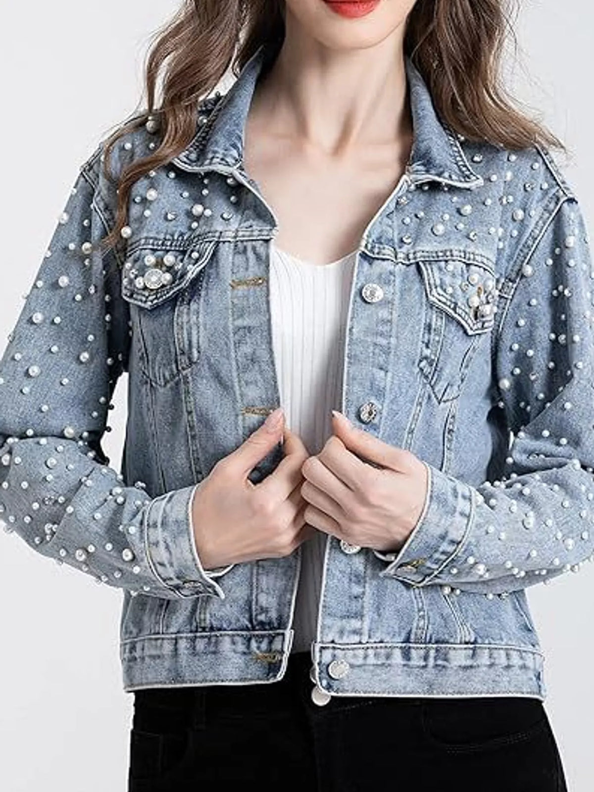 Pearl Detail Button-Up Denim Jacket