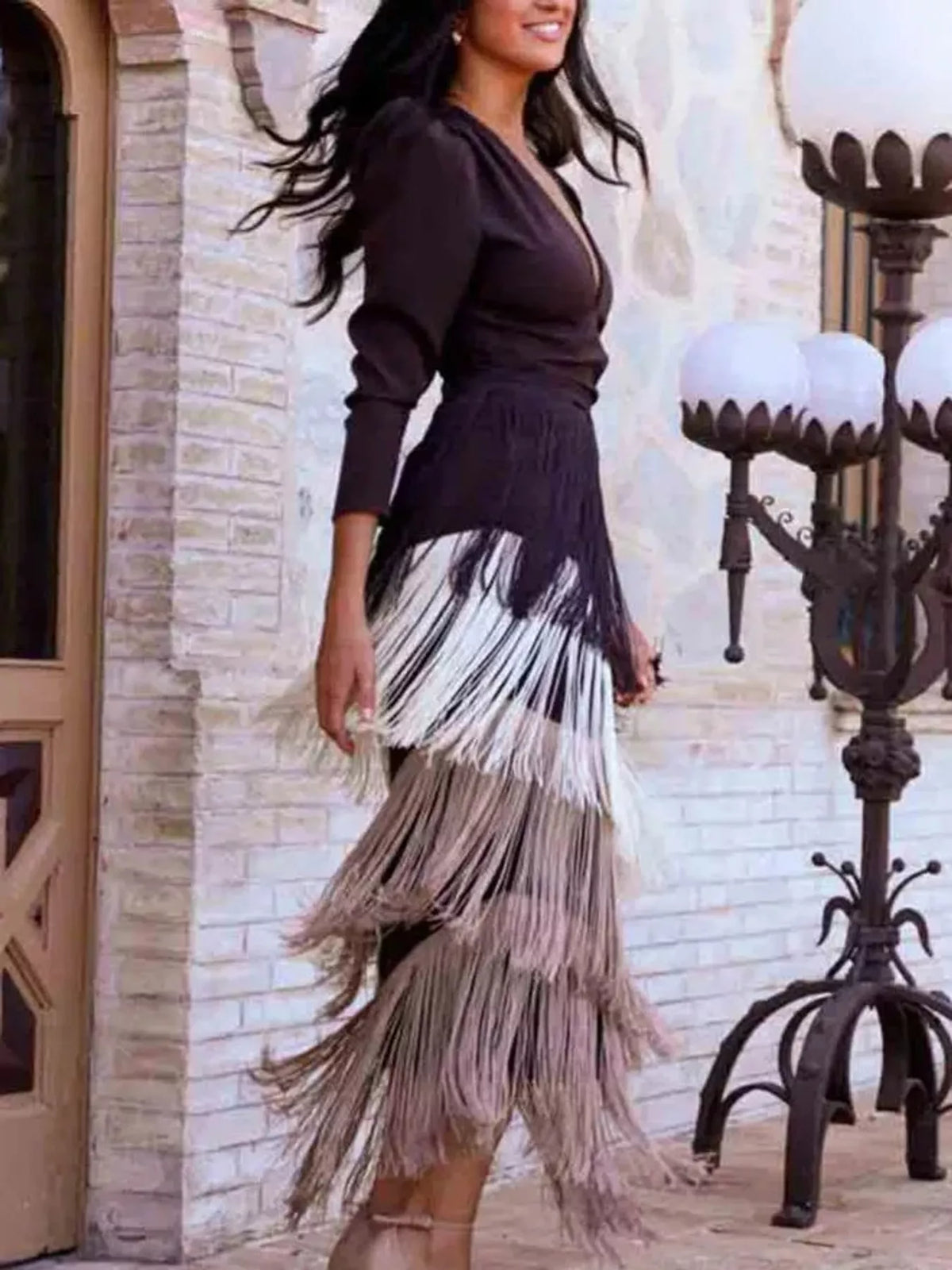 Fringed V-Neck Puff Sleeve Maxi Dress