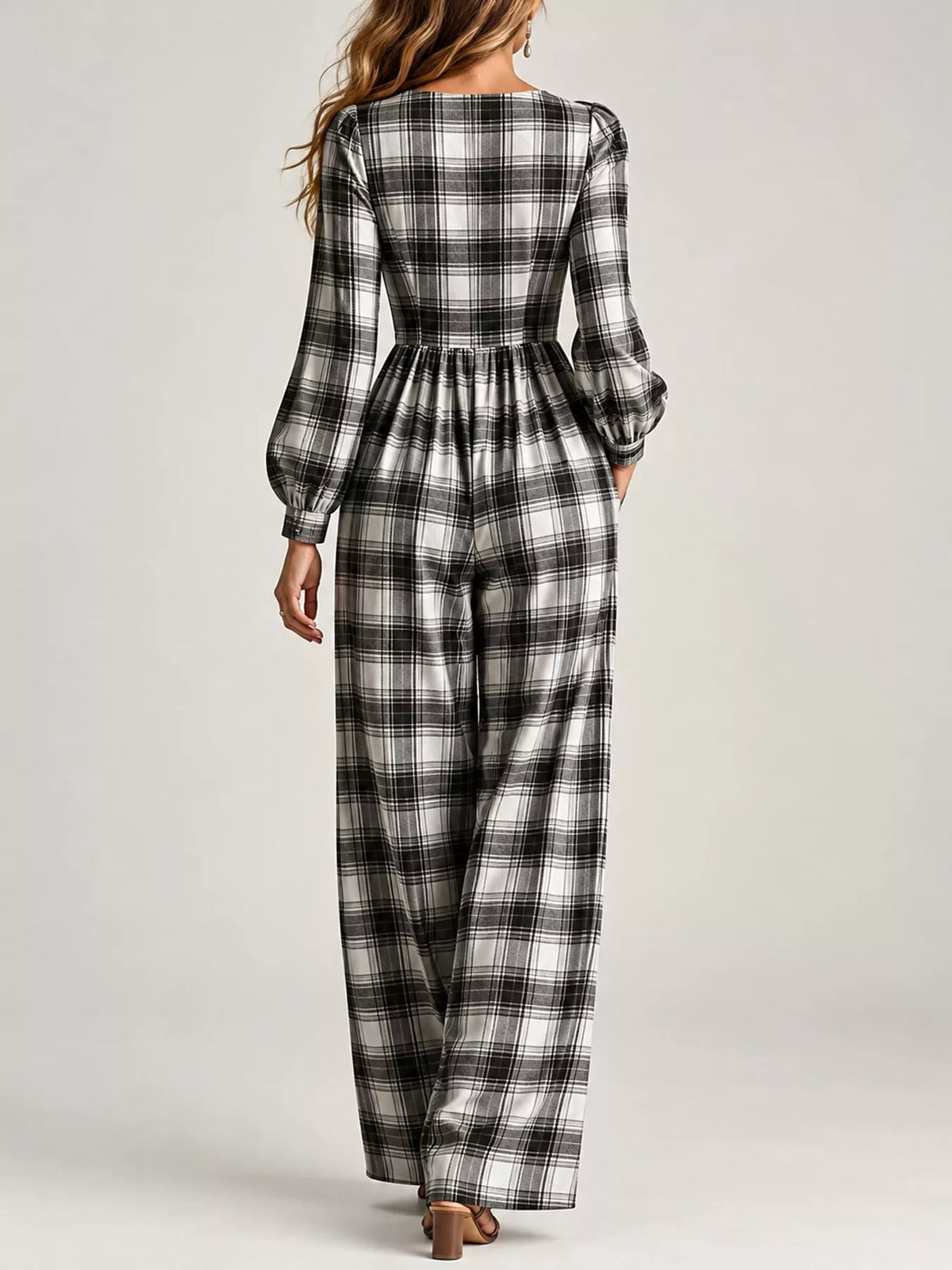 Plaid Square-Neck Wide-Leg Jumpsuit