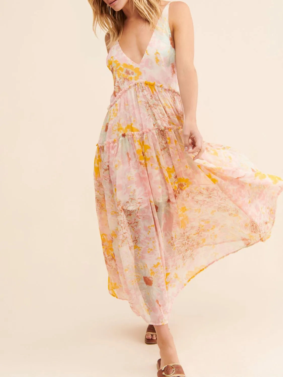 Printed V-Neck Dress with Frill Detail