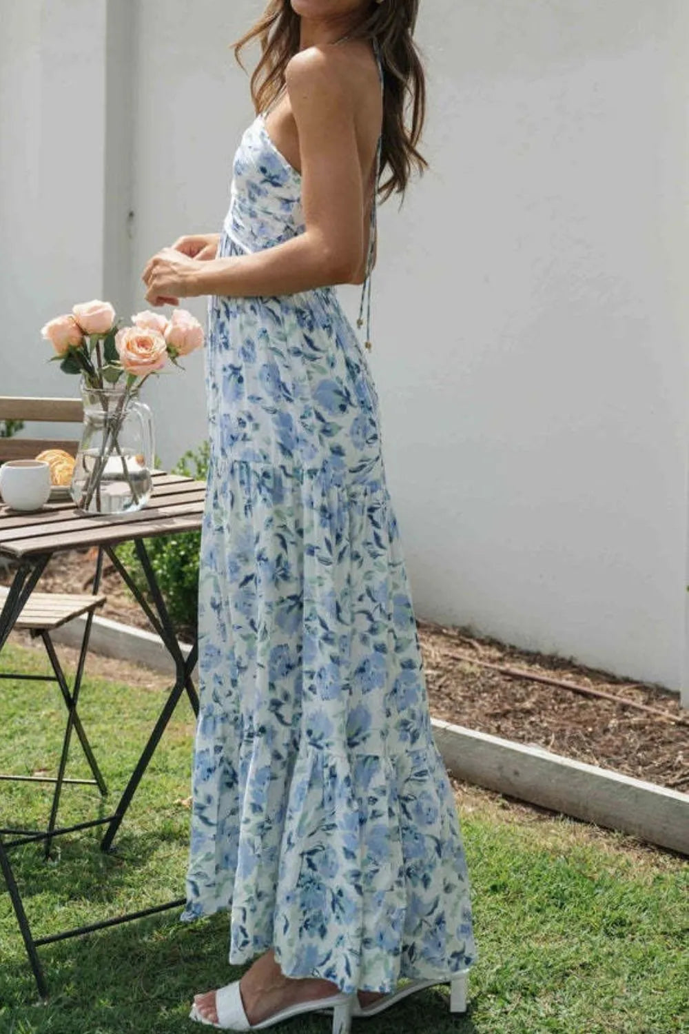 Floral Halter Tiered Maxi Dress in Watermelon Pink