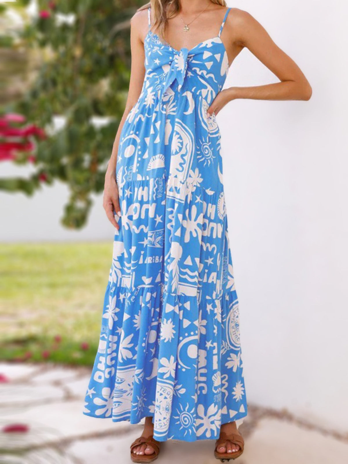 Printed Tie-Front Maxi Dress in Light Blue