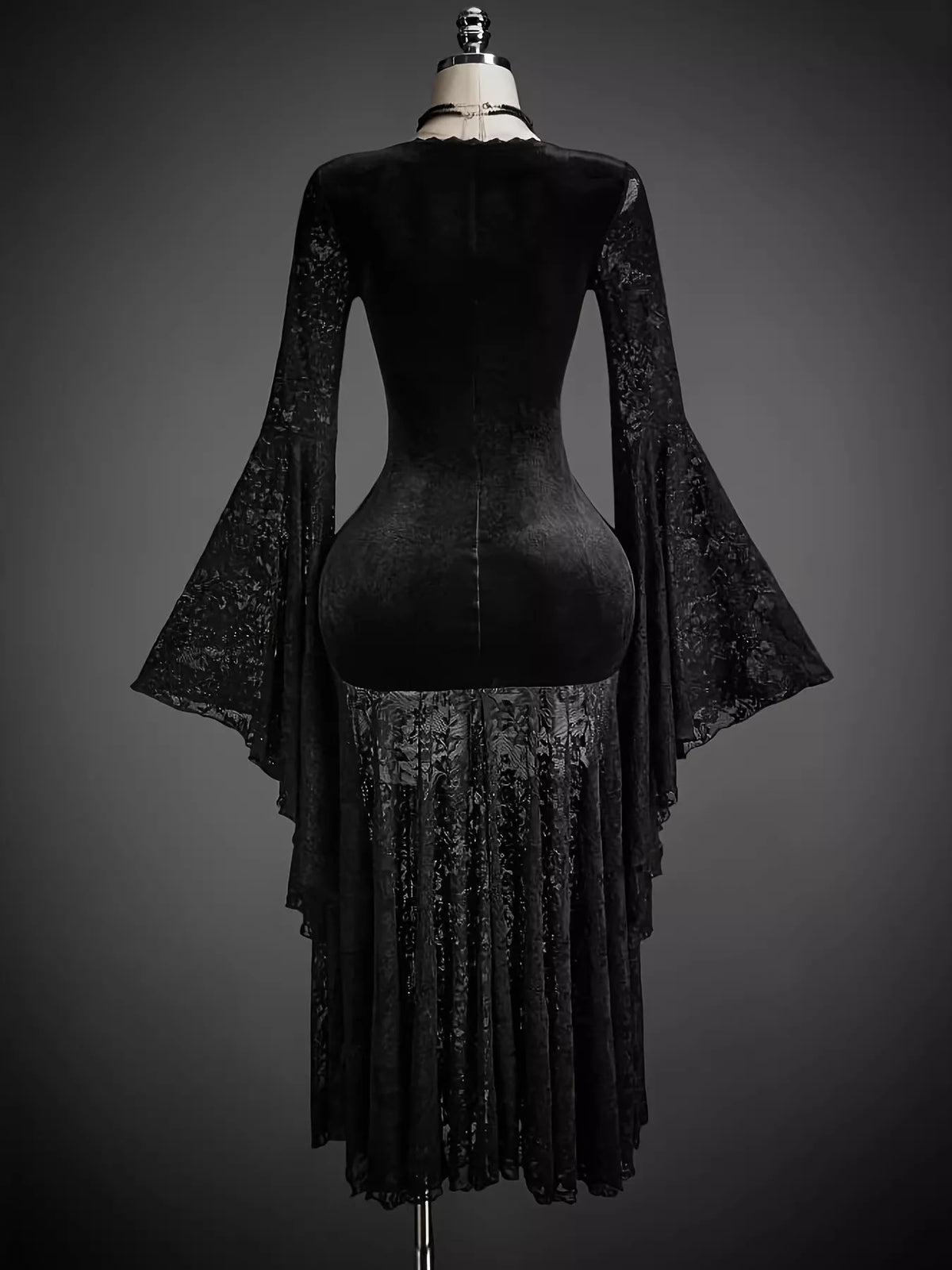 Lace V-Neck Flare Sleeve Dress in Black