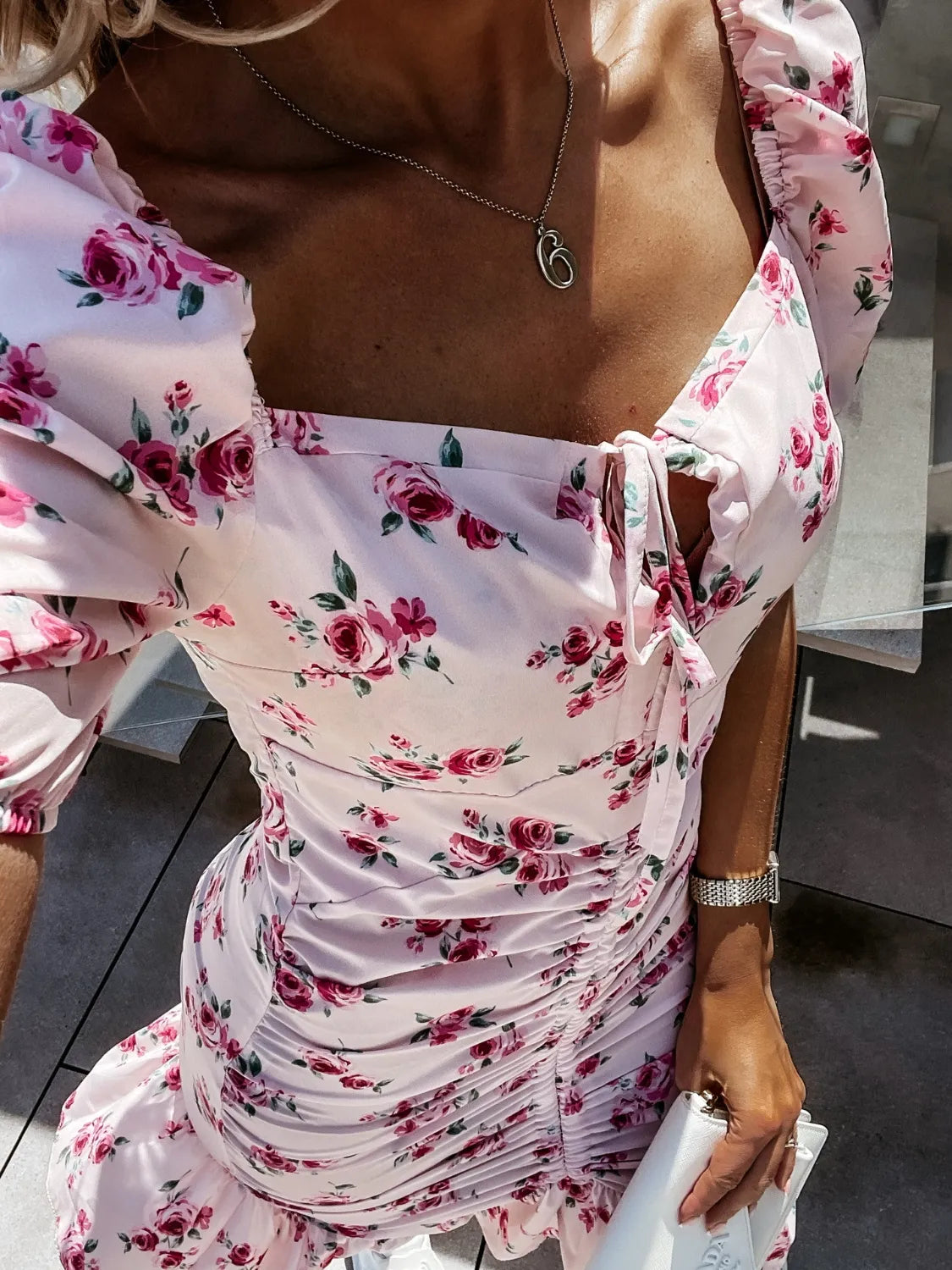 Floral Ruched Sweetheart Neck Mini Dress