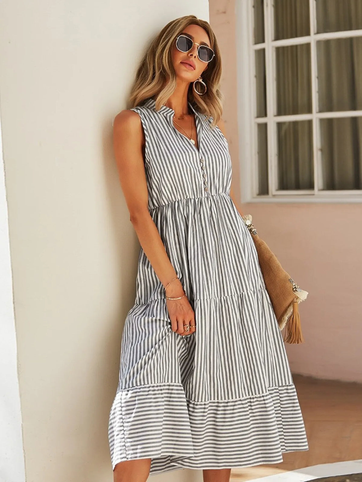 Striped Sleeveless Tiered Midi Dress by Elaine