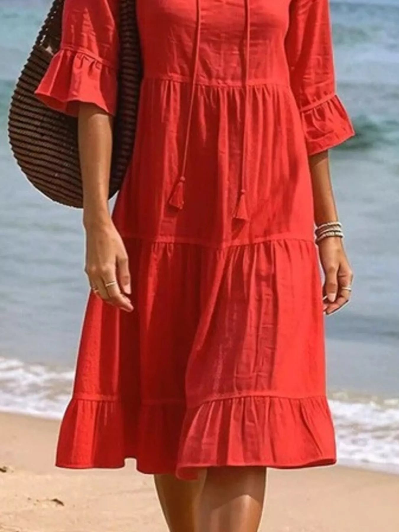 Tie-Neck Flounce Sleeve Tiered Dress
