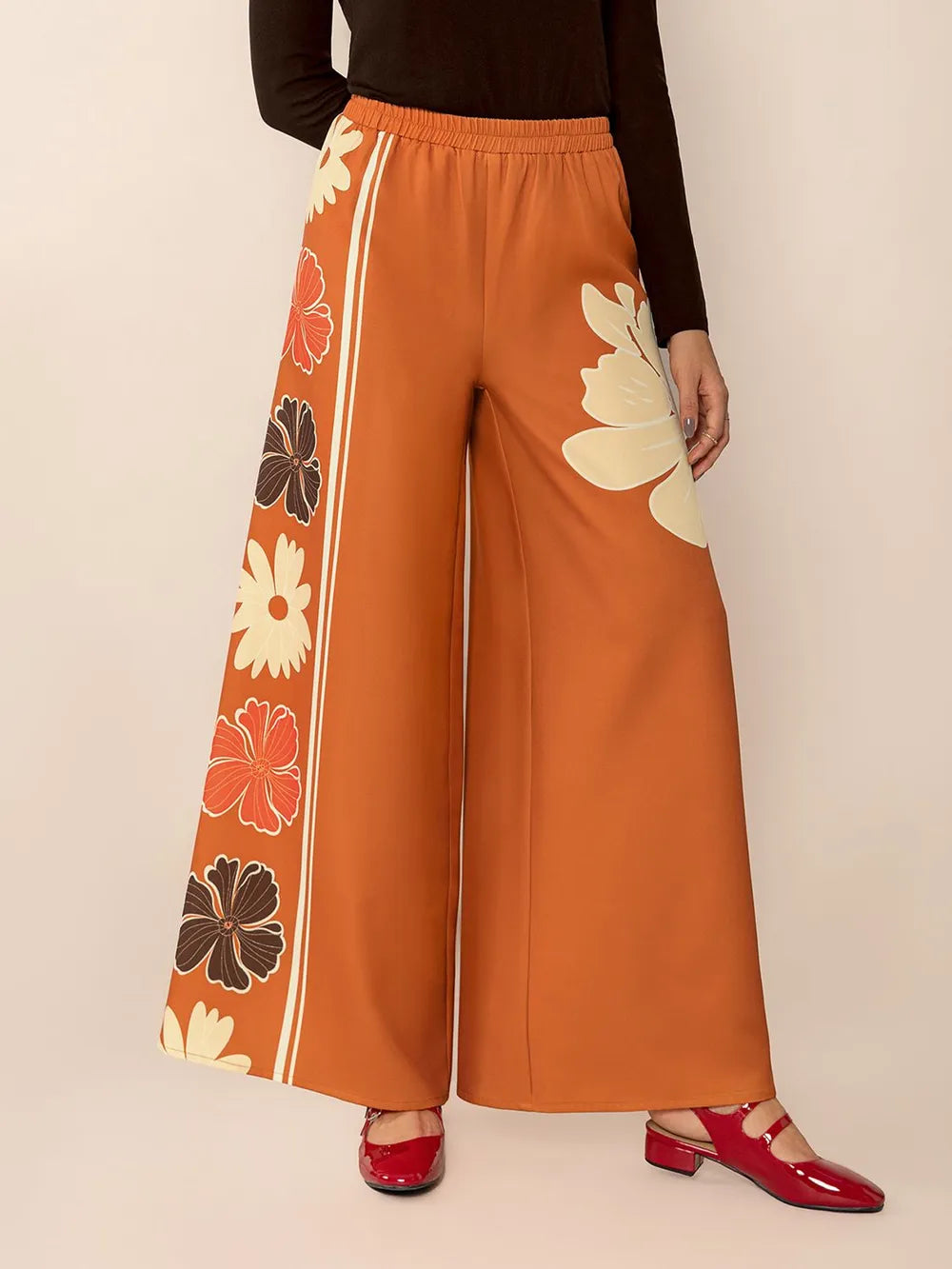 Printed Elastic Waist Wide Leg Pants in Tangerine
