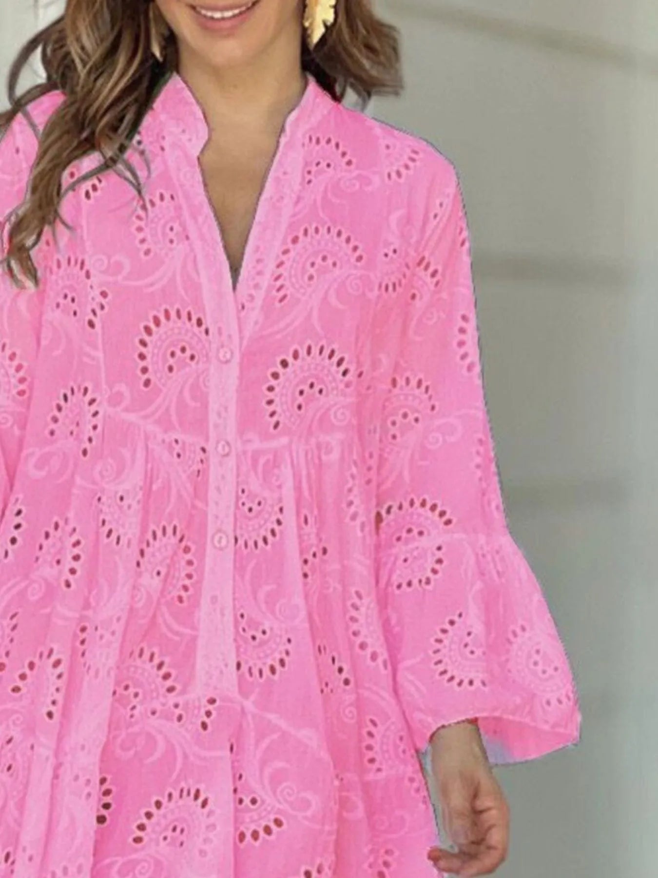 Eyelet V-Neck Tiered Ruffle Dress