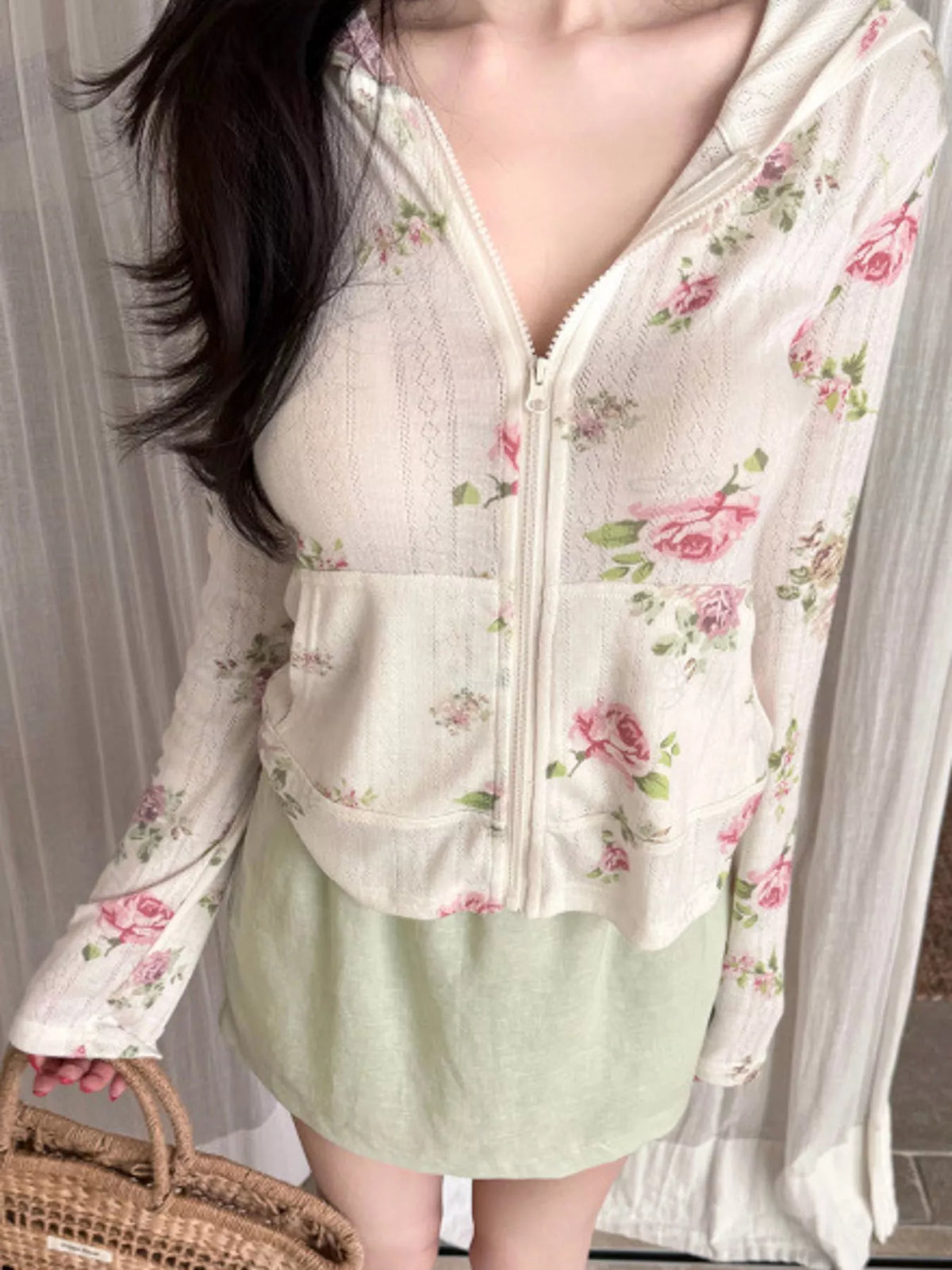 Vintage Floral Zip-Up Hoodie in White