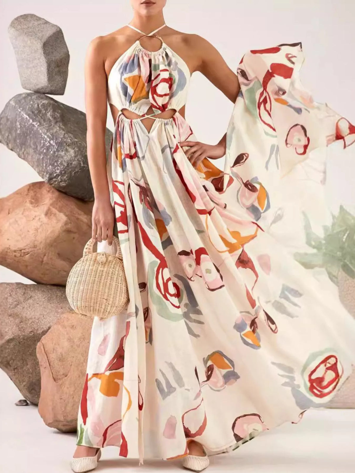 Printed Halter Cut-Out Maxi Dress in White
